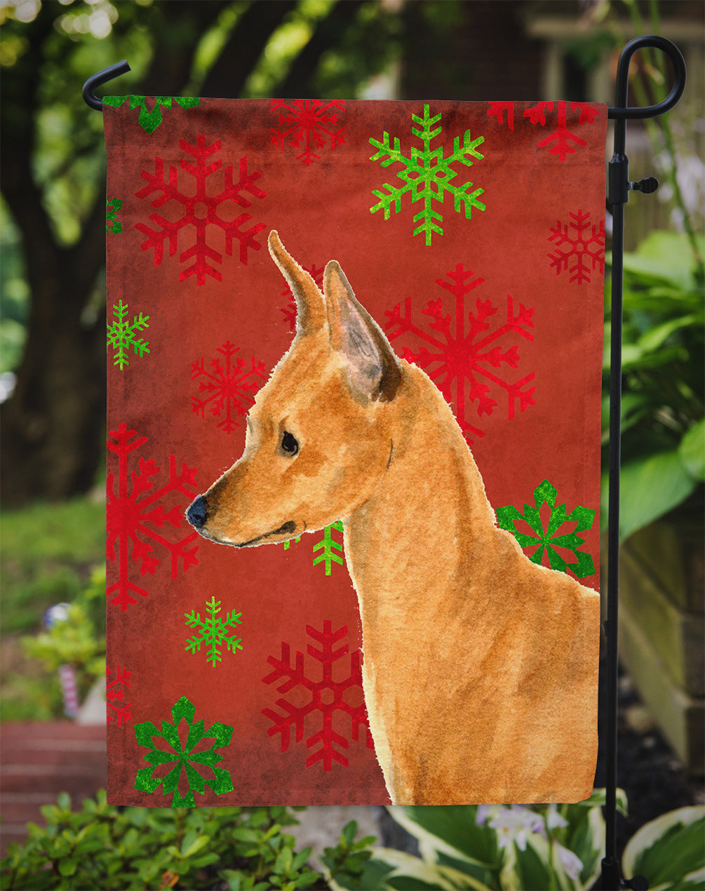 Min Pin Red and Green Snowflakes Holiday Christmas Flag Garden Size.