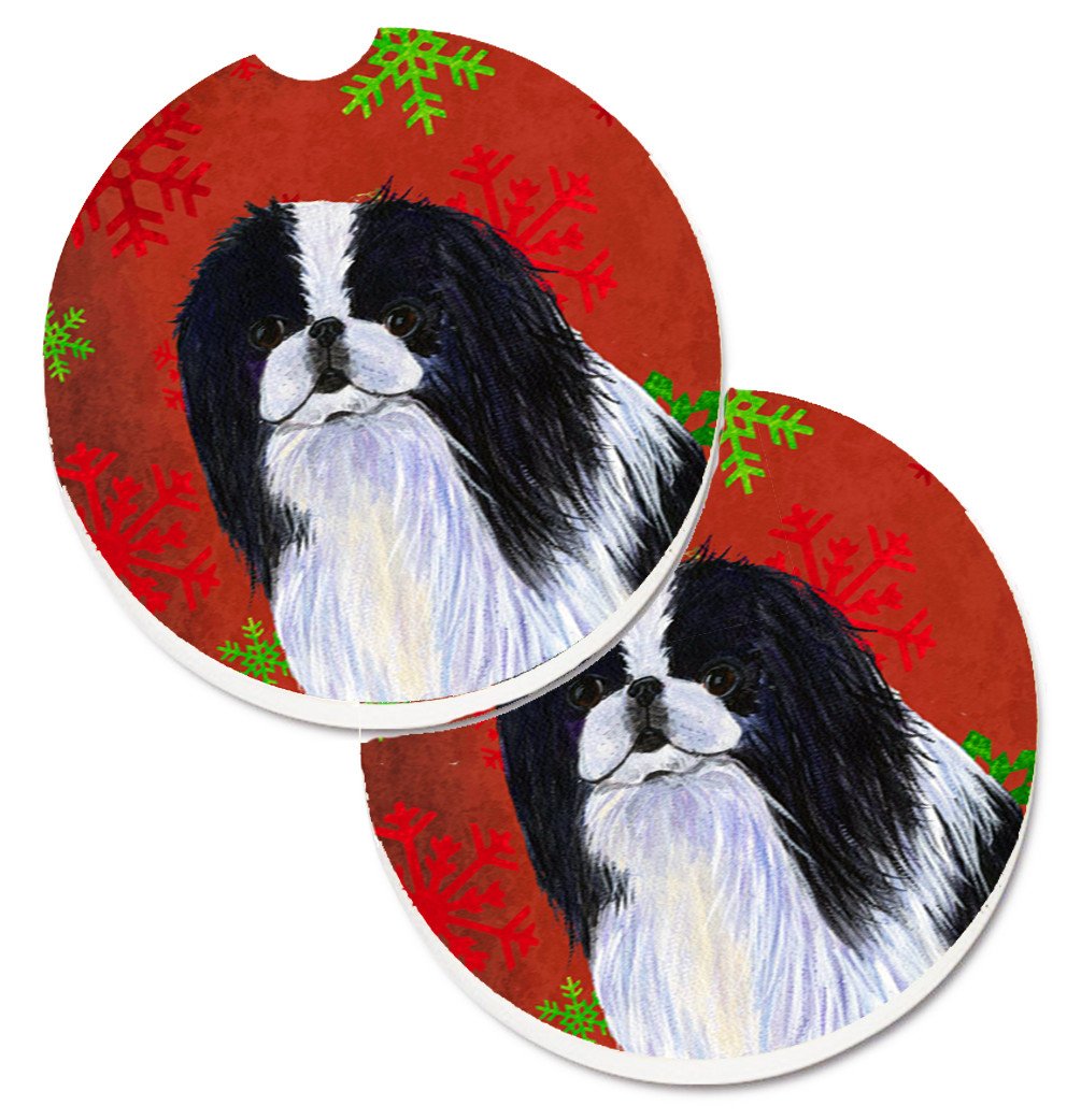 Japanese Chin Red and Green Snowflakes Holiday Christmas Set of 2 Cup Holder Car Coasters SS4674CARC by Caroline&#39;s Treasures