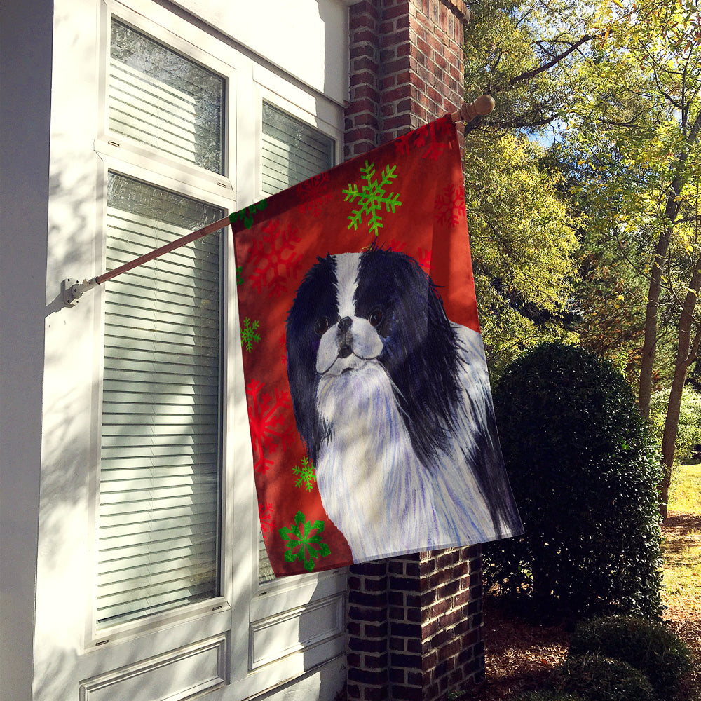 Japanese Chin Red and Green Snowflakes Holiday Christmas Flag Canvas House Size  the-store.com.