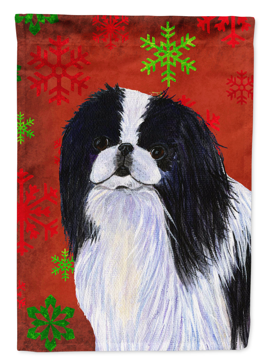 Japanese Chin Red and Green Snowflakes Holiday Christmas Flag Garden Size.