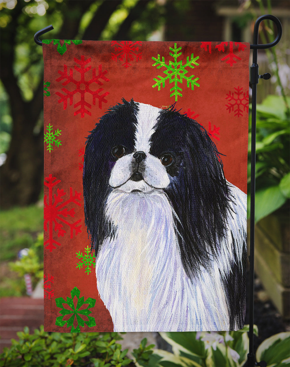 Japanese Chin Red and Green Snowflakes Holiday Christmas Flag Garden Size