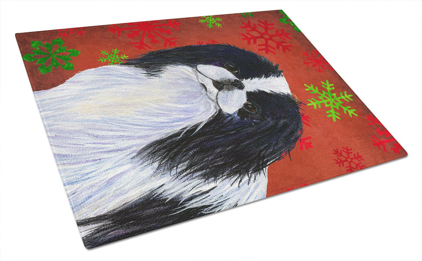 Japanese Chin Red and Green Snowflakes Christmas Glass Cutting Board Large by Caroline's Treasures