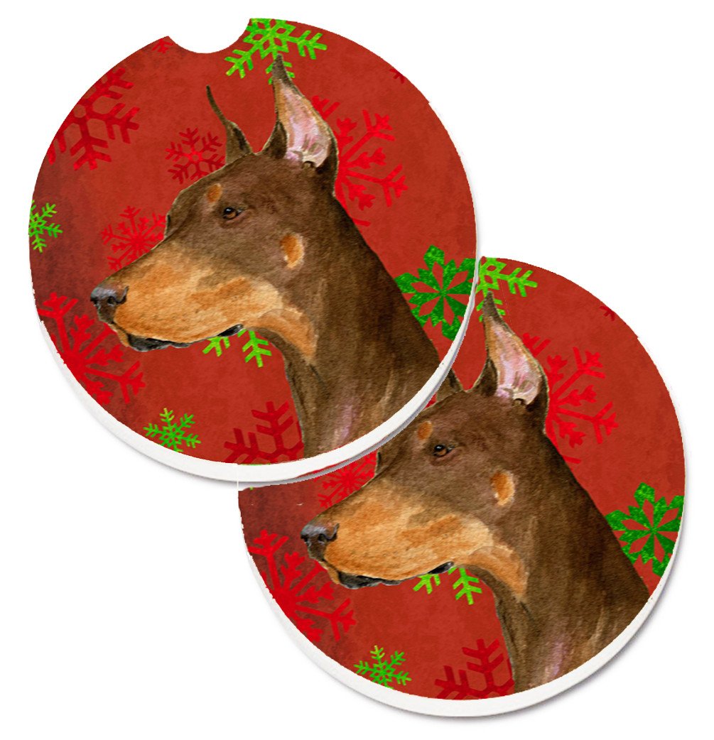 Doberman Red and Green Snowflakes Holiday Christmas Set of 2 Cup Holder Car Coasters SS4675CARC by Caroline&#39;s Treasures