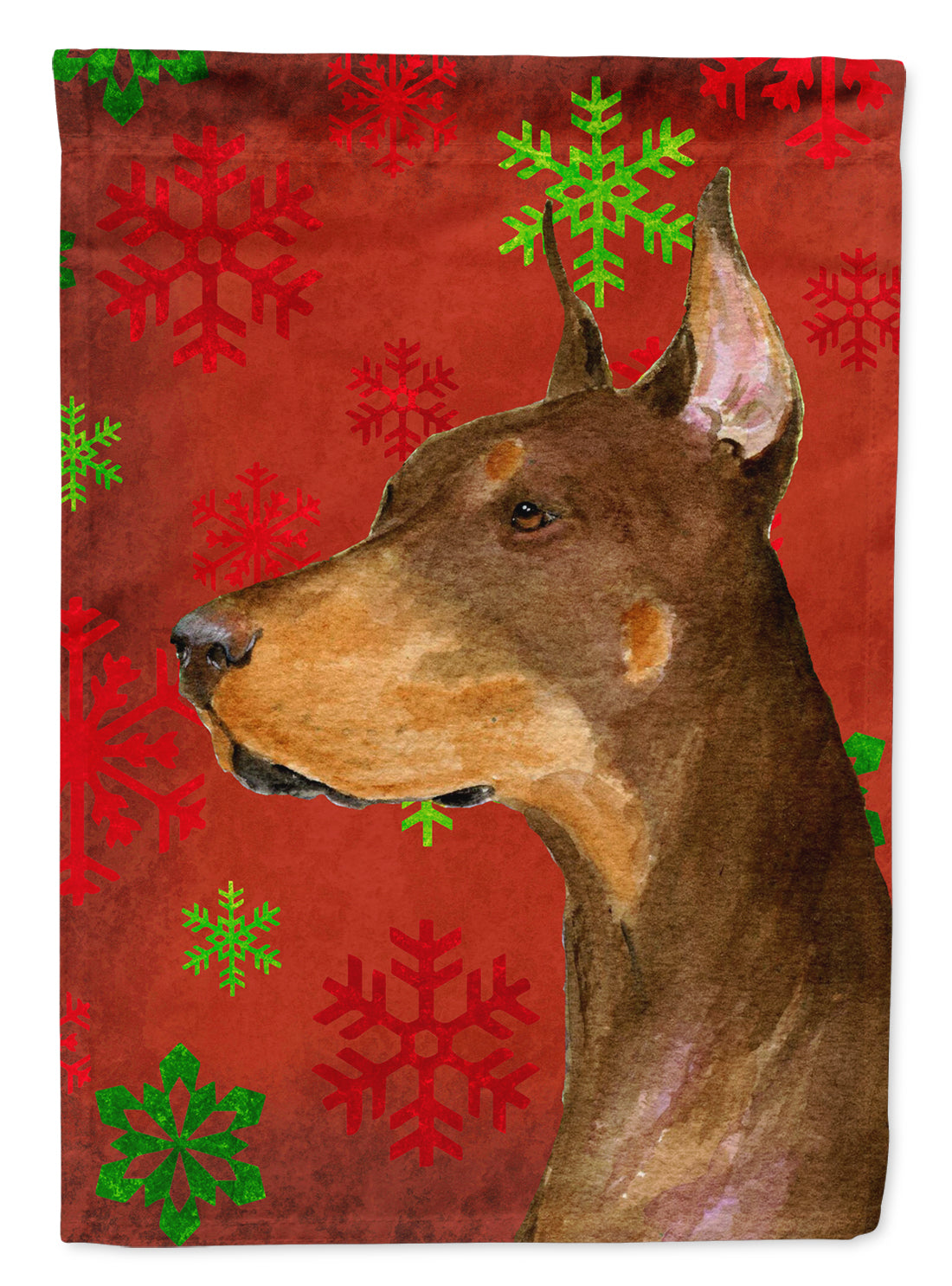 Doberman Red and Green Snowflakes Holiday Christmas Flag Canvas House Size