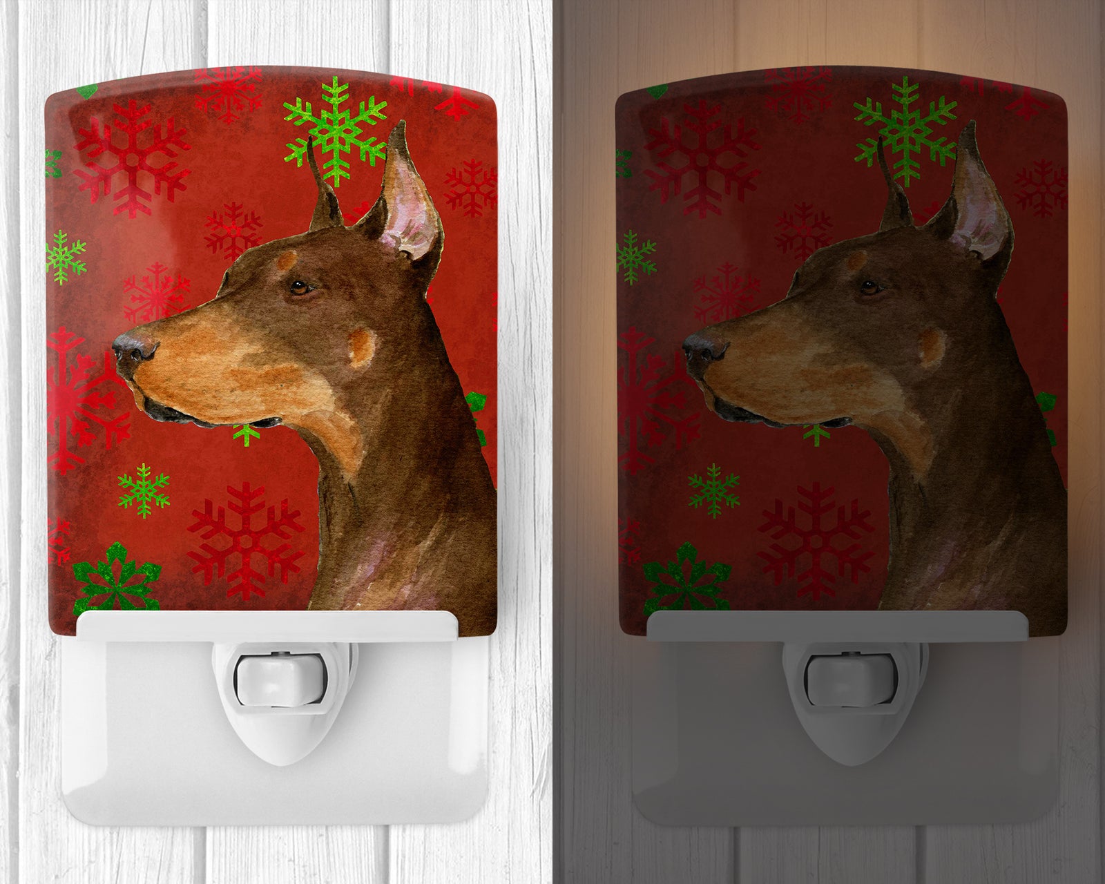 Caroline's Treasures Doberman Red and Green Snowflakes Holiday Christmas Ceramic Night Light SS4675CNL