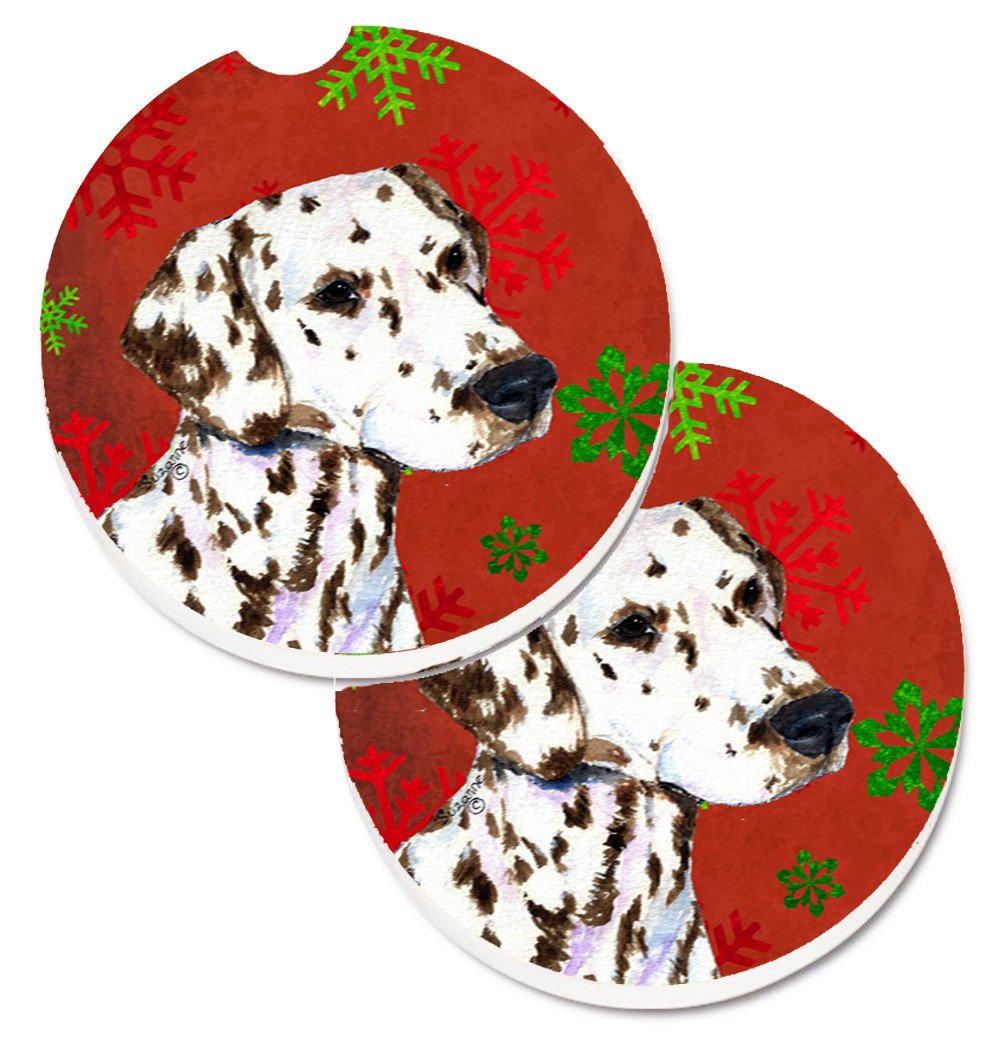 Dalmatian Red and Green Snowflakes Holiday Christmas Set of 2 Cup Holder Car Coasters SS4676CARC by Caroline&#39;s Treasures