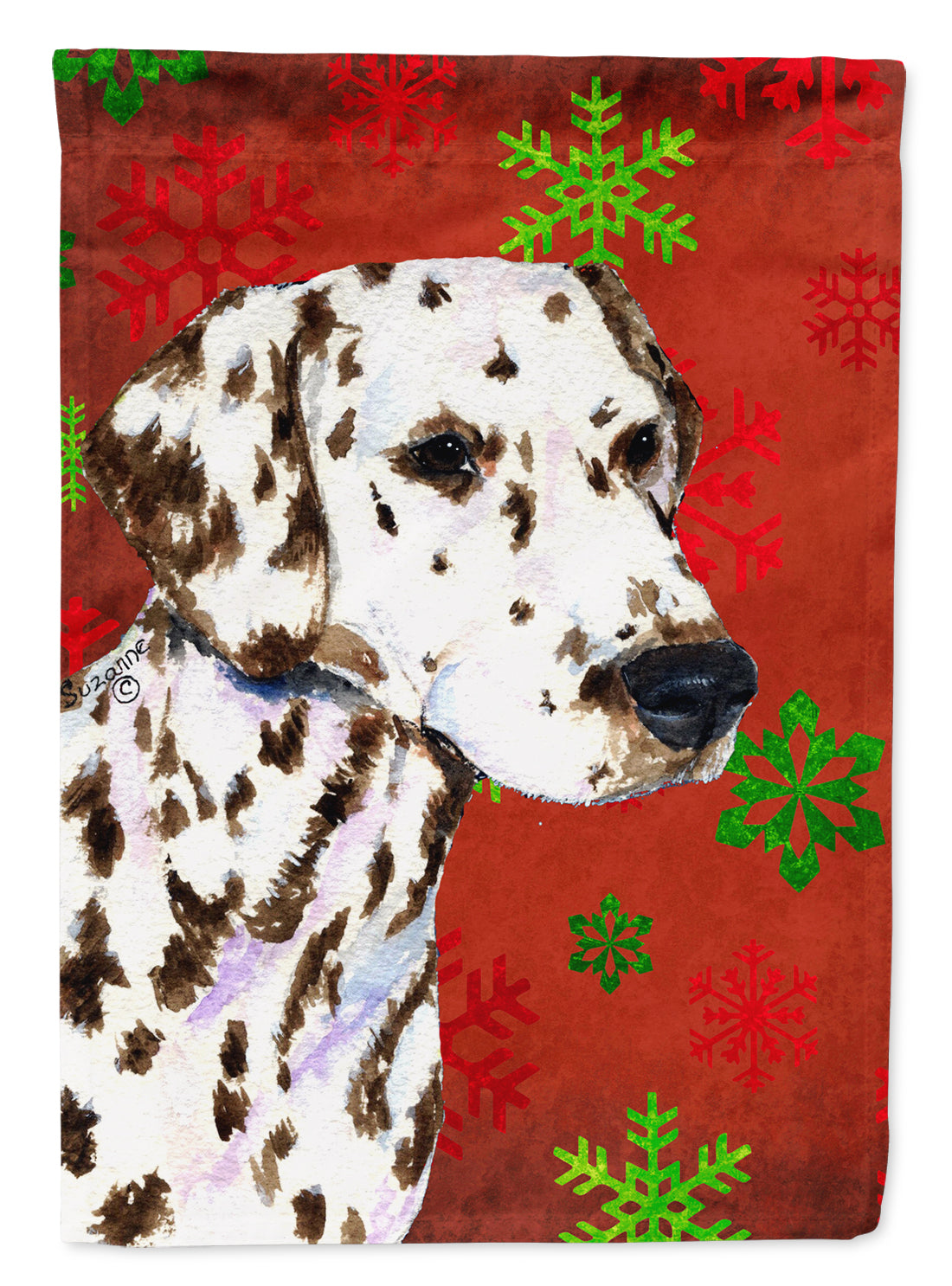 Dalmatian Red and Green Snowflakes Holiday Christmas Flag Canvas House Size  the-store.com.