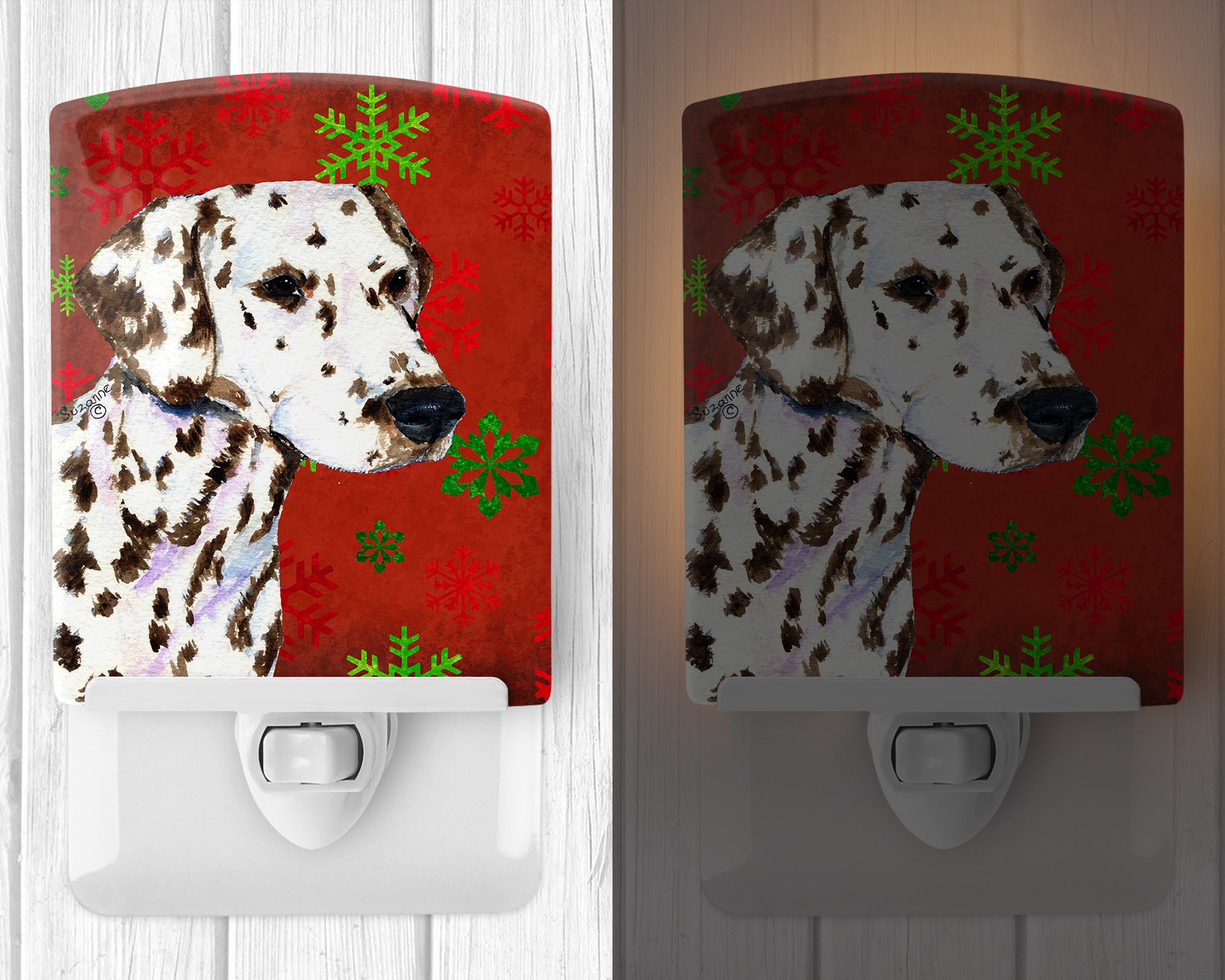 Dalmatian Red and Green Snowflakes Holiday Christmas Ceramic Night Light SS4676CNL - the-store.com