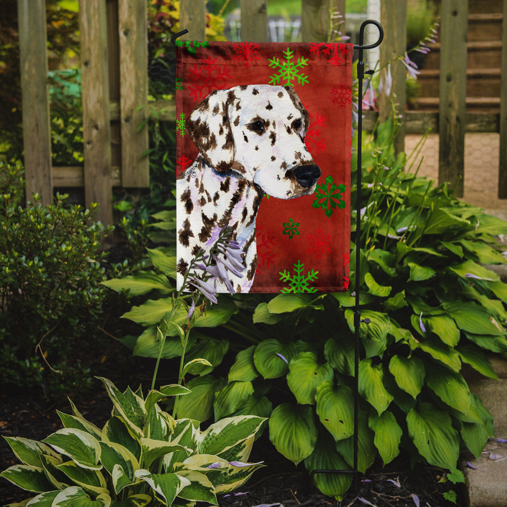 Dalmatian Red and Green Snowflakes Holiday Christmas Flag Garden Size.