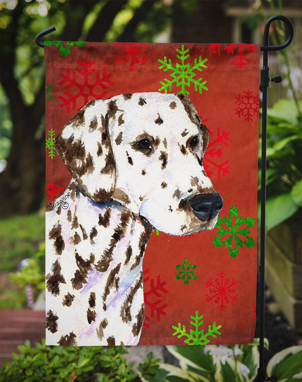 Dalmatian Red and Green Snowflakes Holiday Christmas Flag Garden Size.