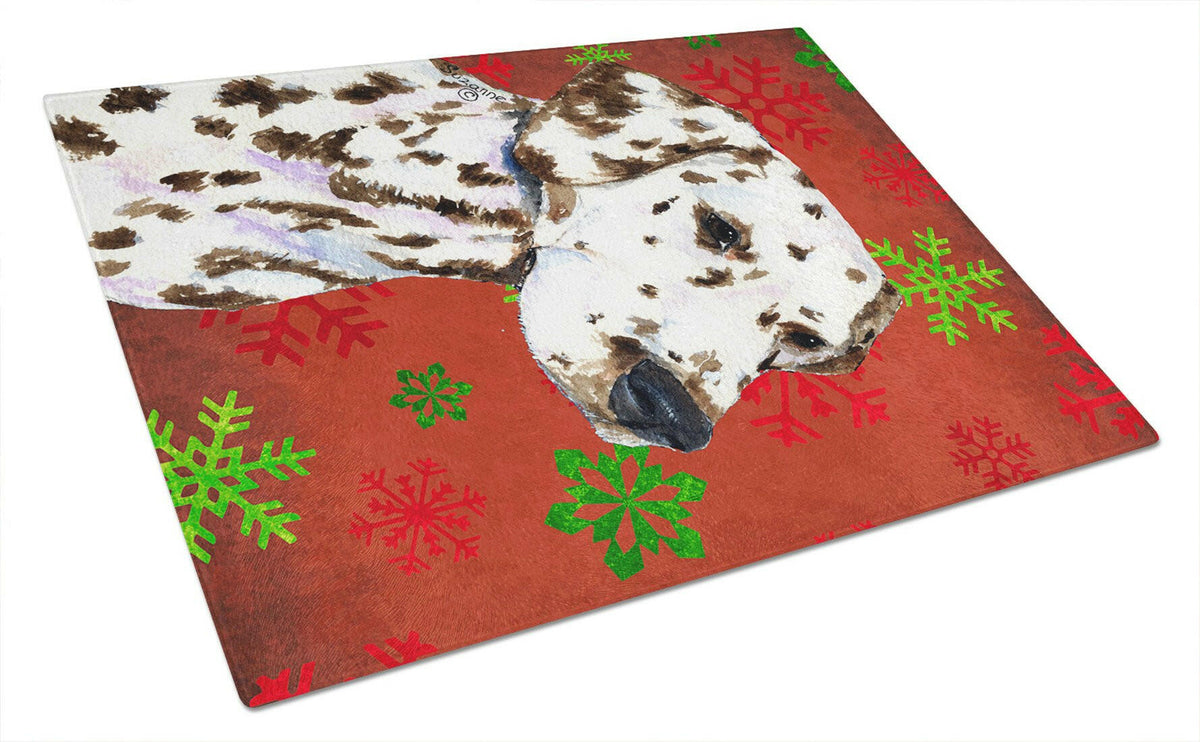 Dalmatian Red and Green Snowflakes Holiday Christmas Glass Cutting Board Large by Caroline&#39;s Treasures