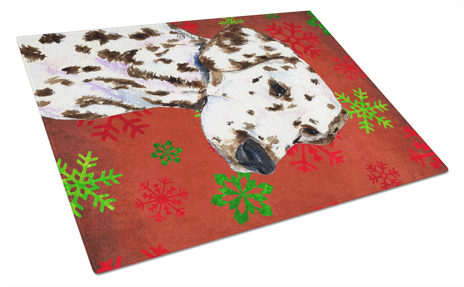 Dalmatian Red and Green Snowflakes Holiday Christmas Glass Cutting Board Large by Caroline's Treasures