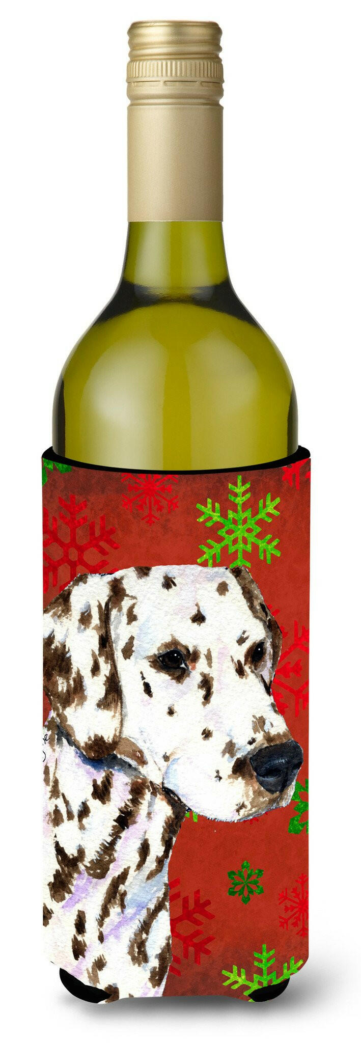 Dalmatian Red and Green Snowflakes Holiday Christmas Wine Bottle Beverage Insulator Beverage Insulator Hugger by Caroline&#39;s Treasures