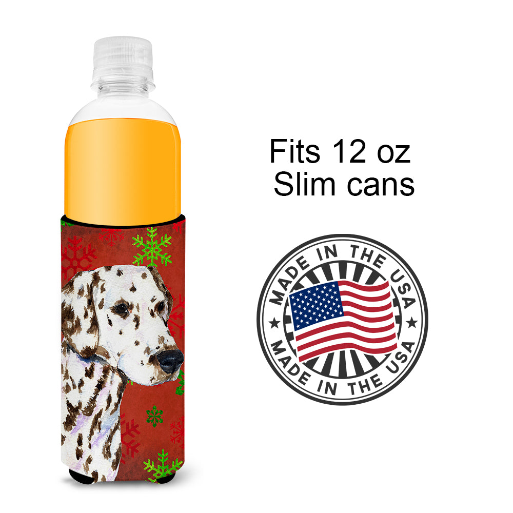 Dalmatian Red and Green Snowflakes Holiday Christmas Ultra Beverage Insulators for slim cans SS4676MUK.