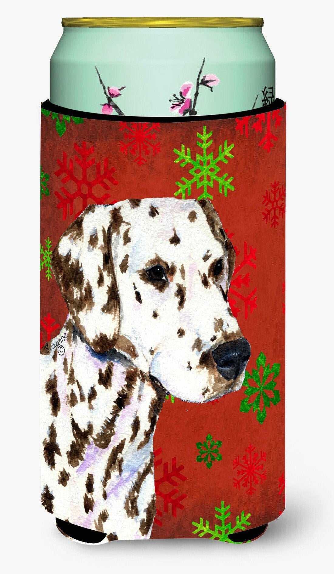 Dalmatian Red and Green Snowflakes Holiday Christmas  Tall Boy Beverage Insulator Beverage Insulator Hugger by Caroline&#39;s Treasures
