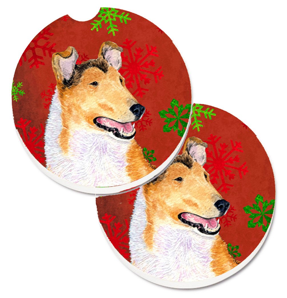 Collie Smooth Red Green Snowflakes Christmas Set of 2 Cup Holder Car Coasters SS4677CARC by Caroline&#39;s Treasures