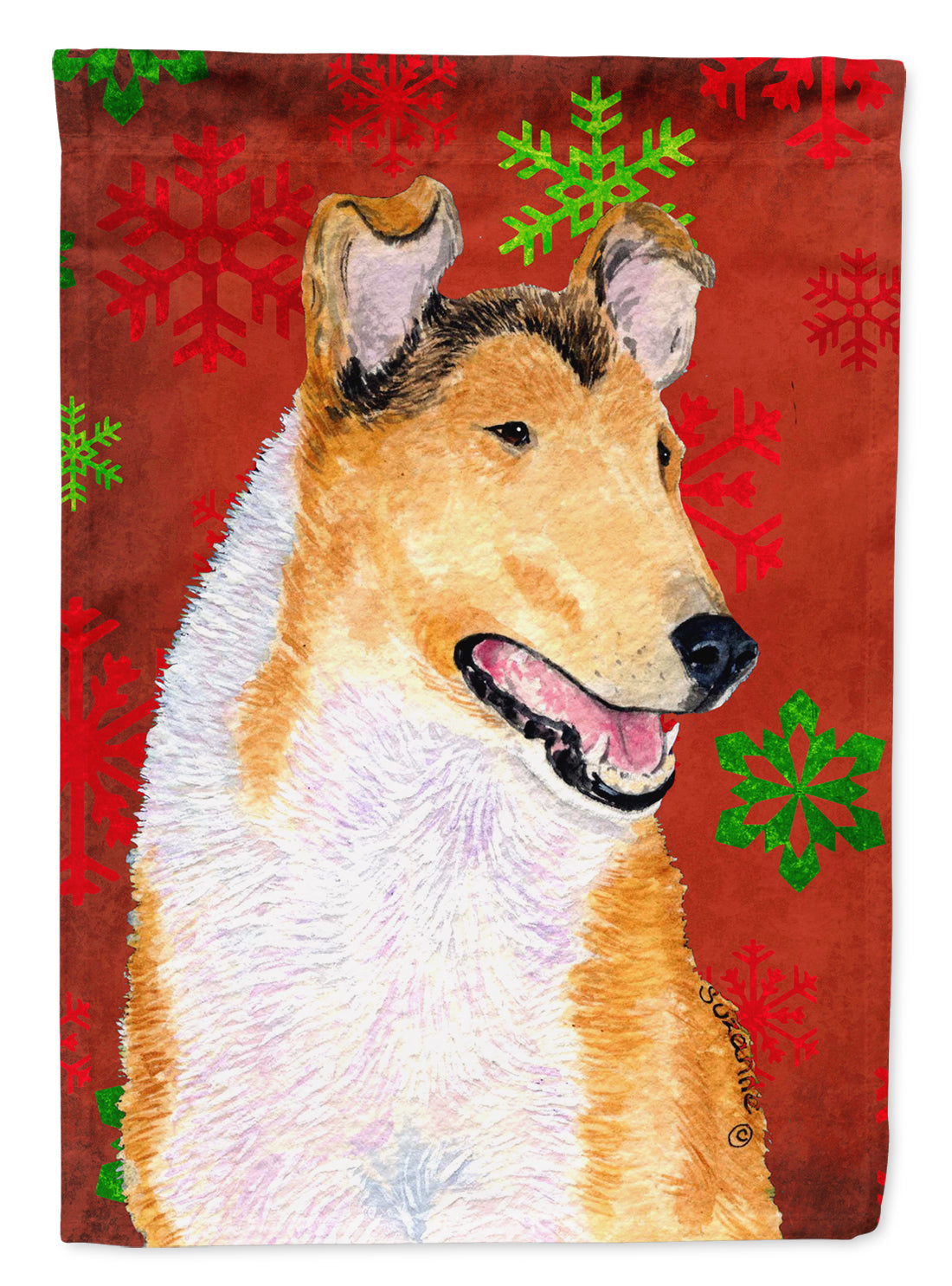 Collie Smooth Red and Green Snowflakes Holiday Christmas Flag Canvas House Size