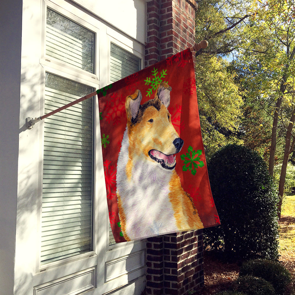 Collie Smooth Red and Green Snowflakes Holiday Christmas Flag Canvas House Size  the-store.com.