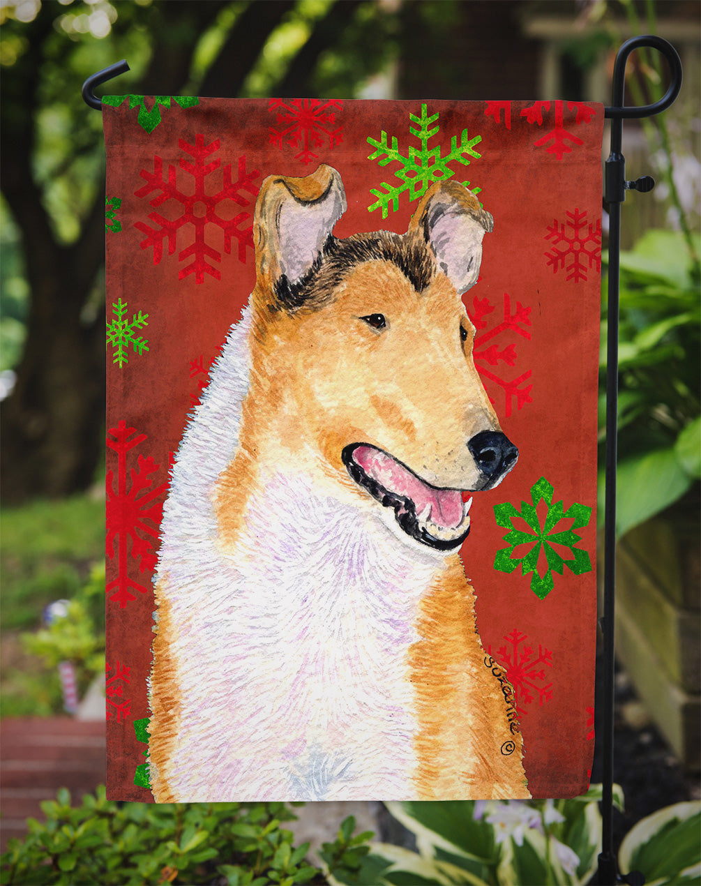 Collie Smooth Red Green Snowflakes Christmas Flag Garden Size.