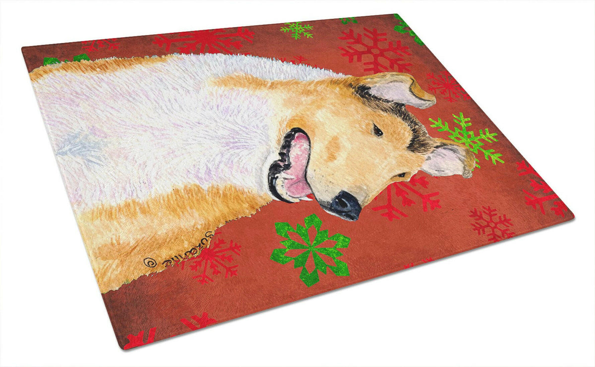 Collie Smooth Red and Green Snowflakes Christmas Glass Cutting Board Large by Caroline&#39;s Treasures