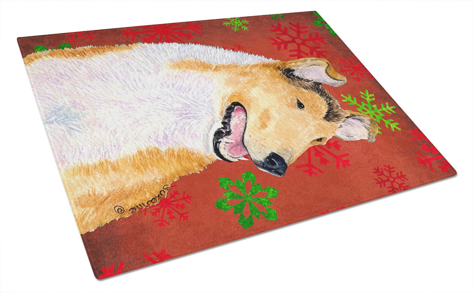 Collie Smooth Red and Green Snowflakes Christmas Glass Cutting Board Large by Caroline's Treasures