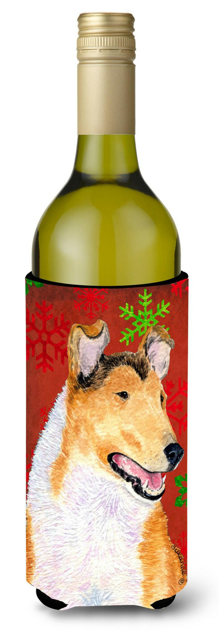 Collie Smooth Red Green Snowflakes Christmas Wine Bottle Beverage Insulator Beverage Insulator Hugger by Caroline&#39;s Treasures