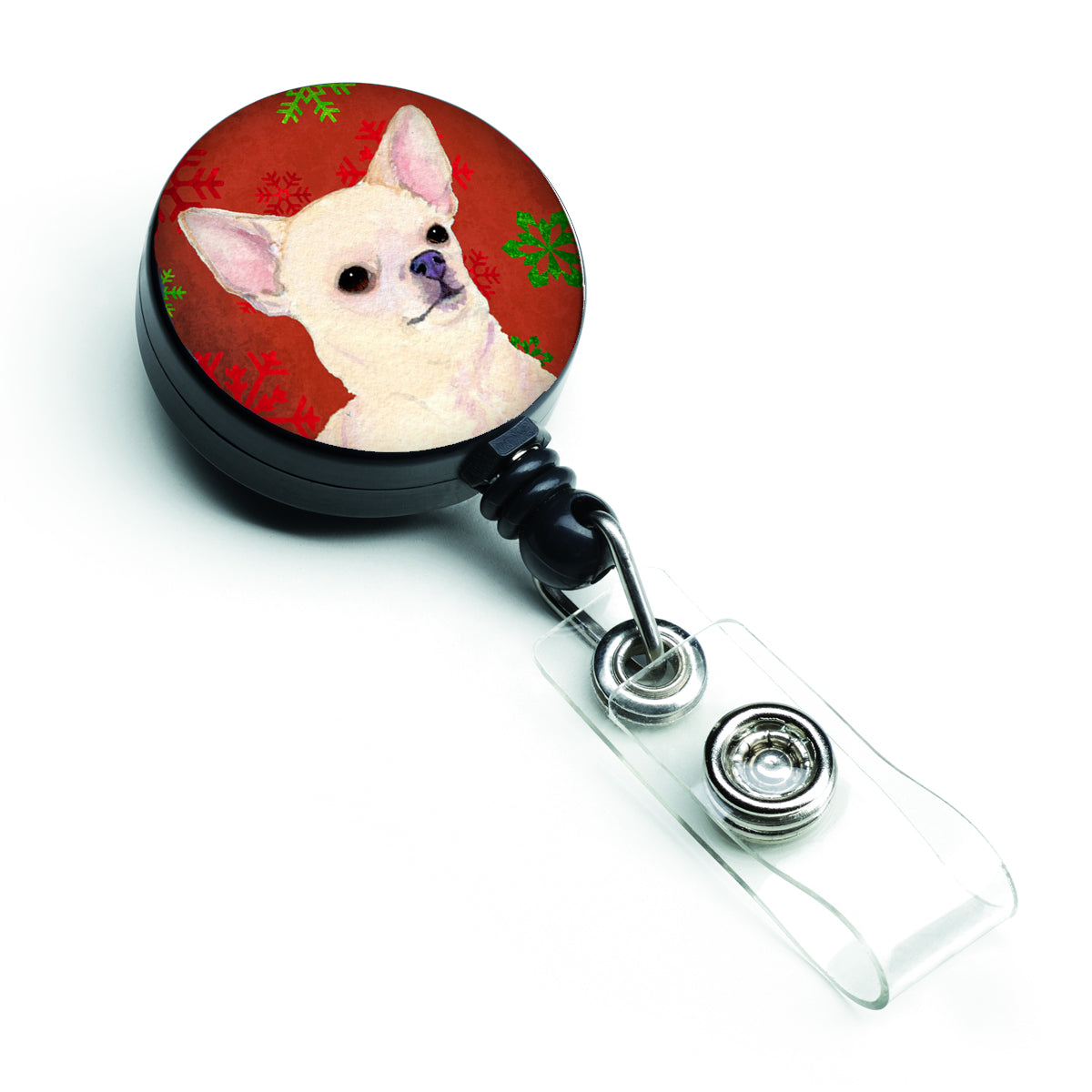 Chihuahua rouge et vert flocons de neige vacances Noël rétractable badge bobine SS4679BR