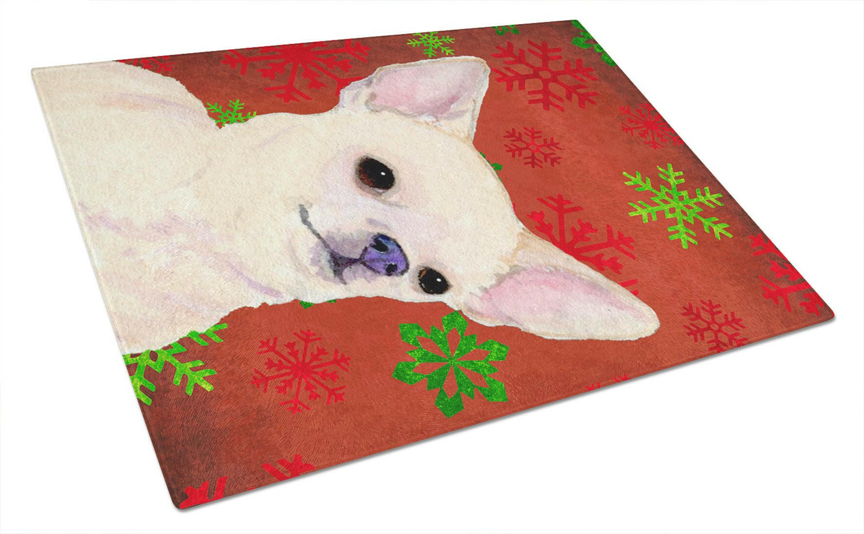 Chihuahua Red and Green Snowflakes Holiday Christmas Glass Cutting Board Large by Caroline's Treasures