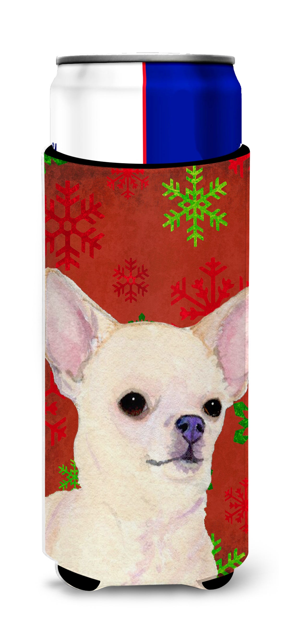 Chihuahua Red and Green Snowflakes Holiday Christmas Ultra Beverage Insulators for slim cans SS4679MUK.