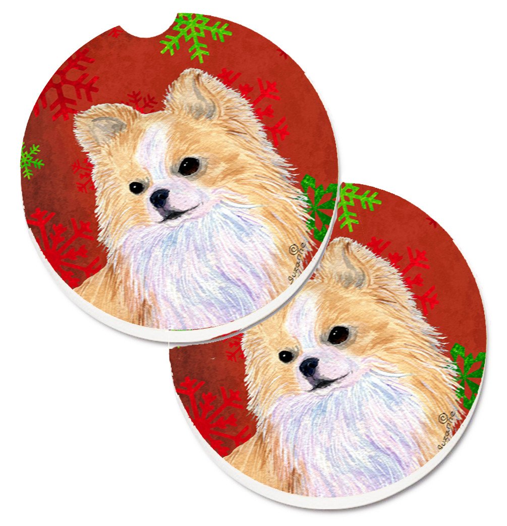 Chihuahua Red and Green Snowflakes Holiday Christmas Set of 2 Cup Holder Car Coasters SS4680CARC by Caroline&#39;s Treasures