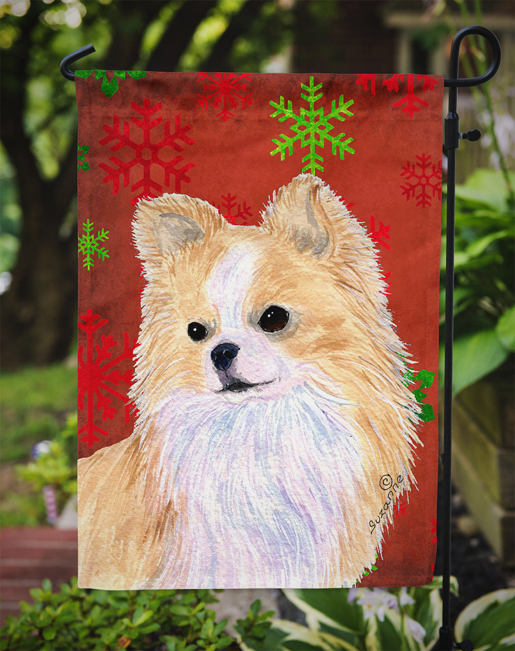 Chihuahua Red and Green Snowflakes Holiday Christmas Flag Garden Size.