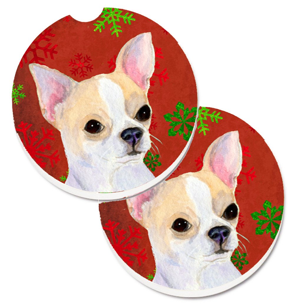 Chihuahua Red and Green Snowflakes Holiday Christmas Set of 2 Cup Holder Car Coasters SS4681CARC by Caroline&#39;s Treasures