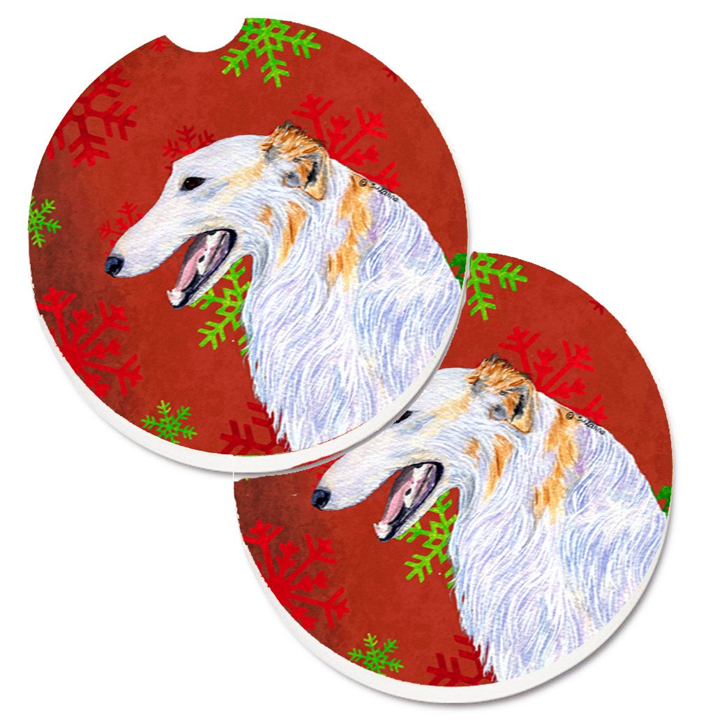 Borzoi Red and Green Snowflakes Holiday Christmas Set of 2 Cup Holder Car Coasters SS4682CARC by Caroline&#39;s Treasures