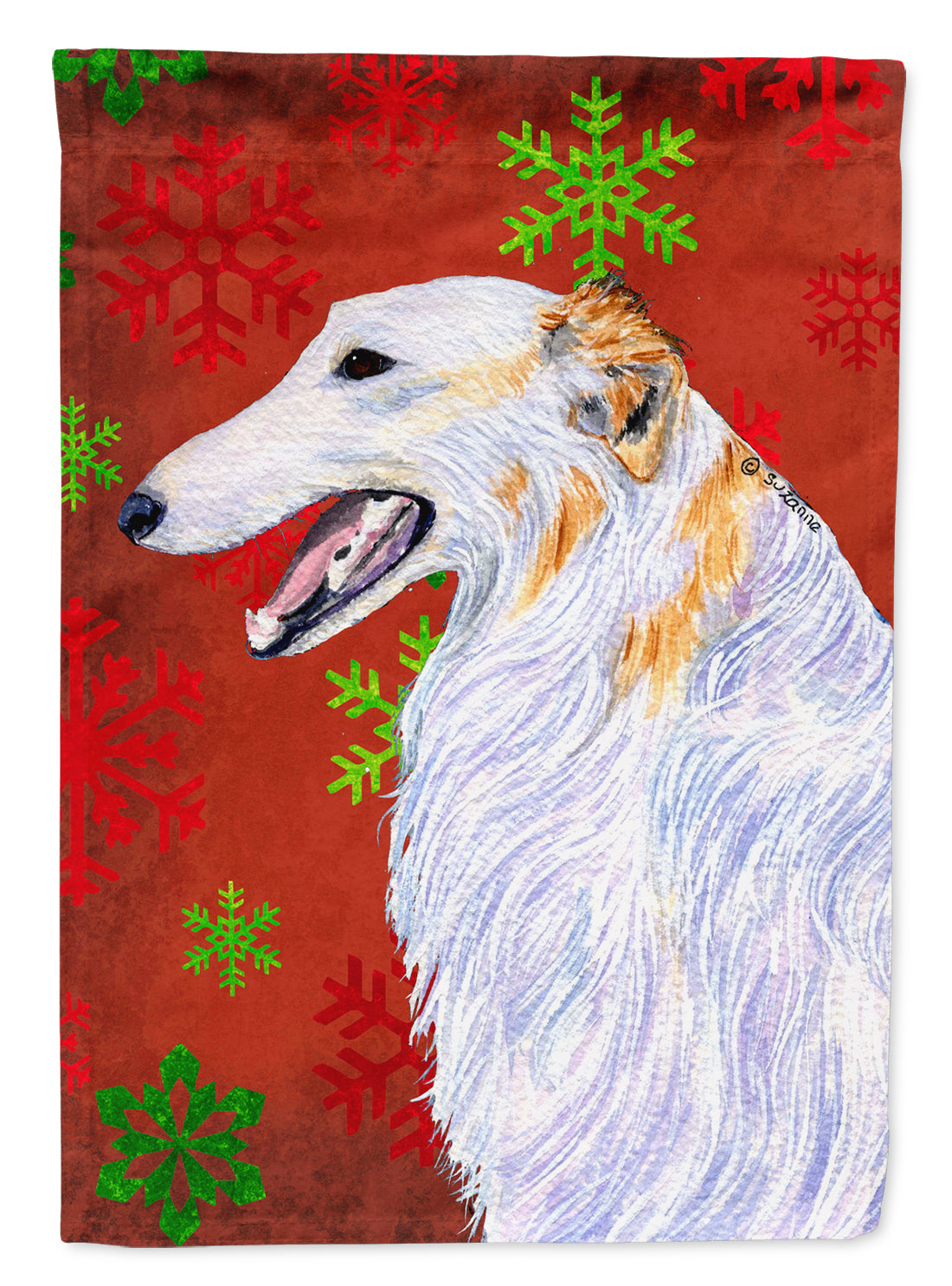 Borzoi Red and Green Snowflakes Holiday Christmas Flag Canvas House Size  the-store.com.