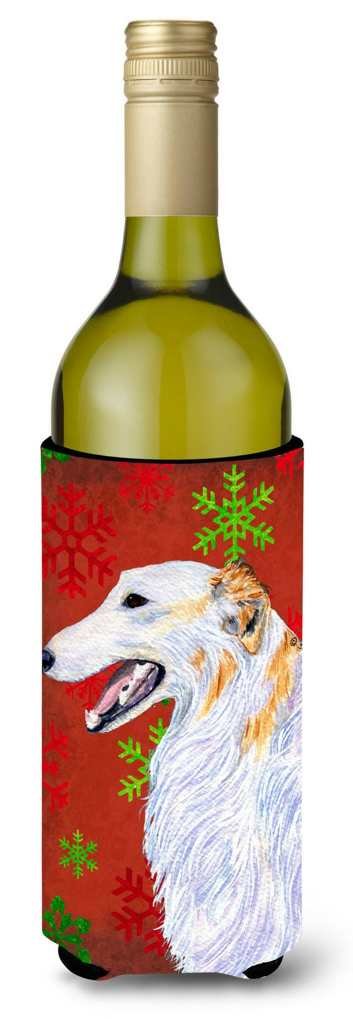 Borzoi Red and Green Snowflakes Holiday Christmas Wine Bottle Beverage Insulator Beverage Insulator Hugger by Caroline&#39;s Treasures