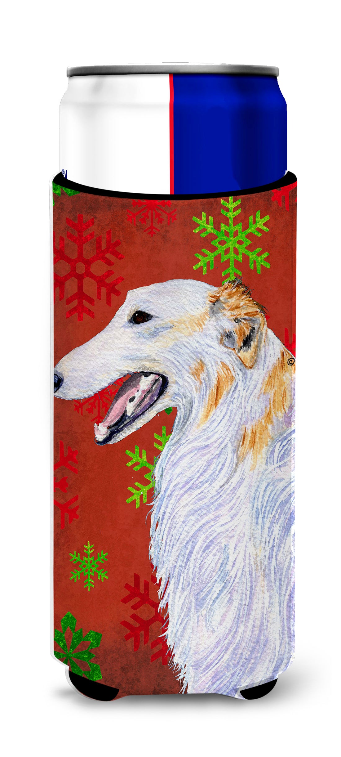 Borzoi Red and Green Snowflakes Holiday Christmas Ultra Beverage Insulators for slim cans SS4682MUK.