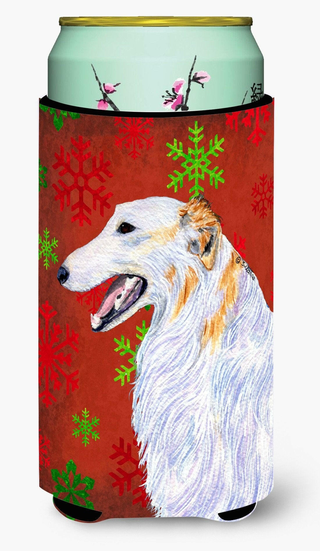Borzoi Red and Green Snowflakes Holiday Christmas  Tall Boy Beverage Insulator Beverage Insulator Hugger by Caroline's Treasures