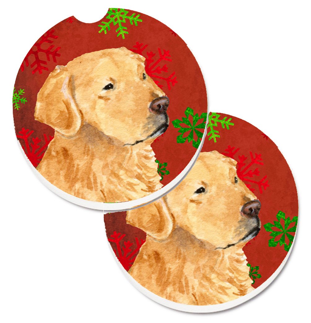 Golden Retriever Red Green Snowflake Holiday Christmas Set of 2 Cup Holder Car Coasters SS4683CARC by Caroline&#39;s Treasures