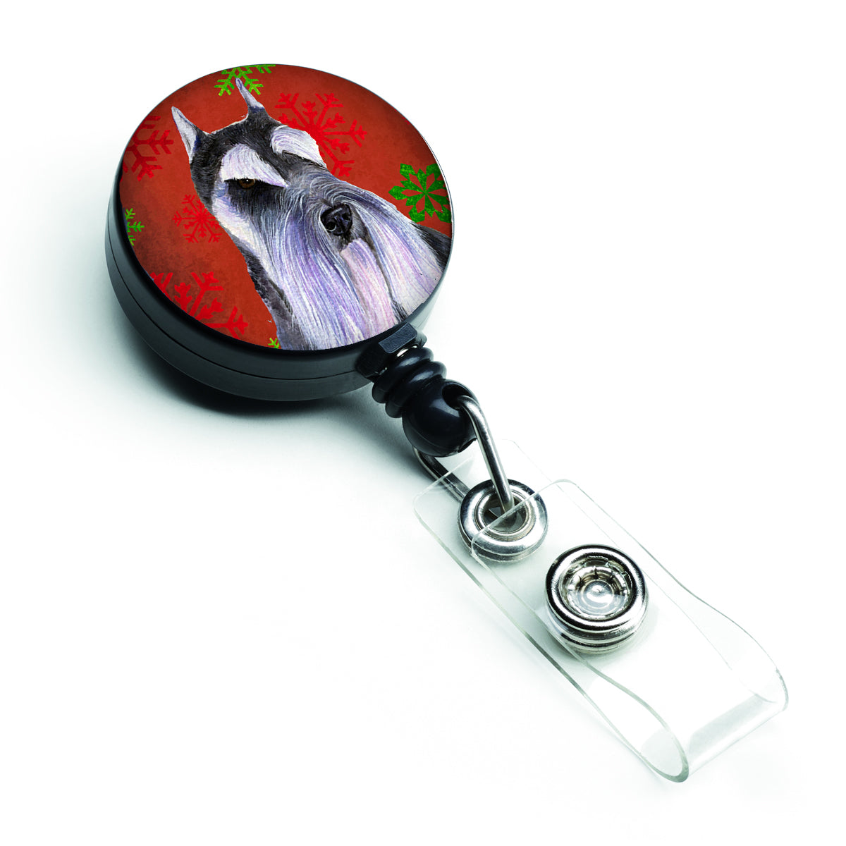 Schnauzer Red and Green Snowflakes Holiday Christmas Retractable Badge Reel SS4684BR  the-store.com.