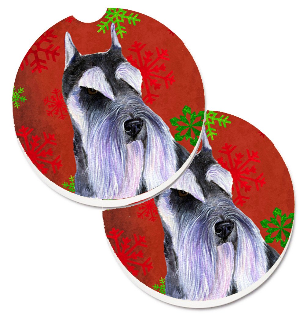 Schnauzer Red and Green Snowflakes Holiday Christmas Set of 2 Cup Holder Car Coasters SS4684CARC by Caroline&#39;s Treasures