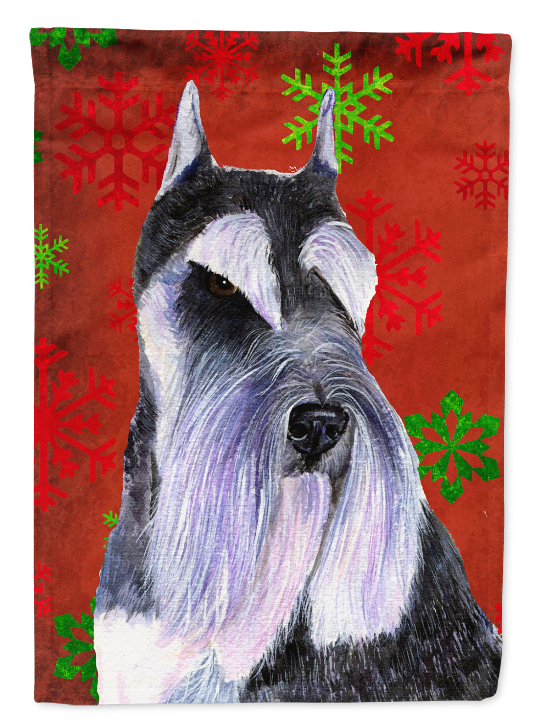 Schnauzer Red and Green Snowflakes Holiday Christmas Flag Garden Size.