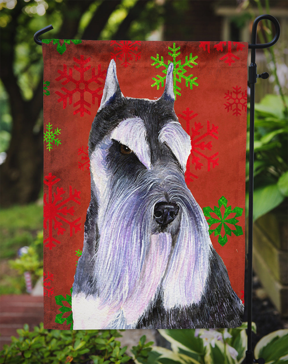 Schnauzer Red and Green Snowflakes Holiday Christmas Flag Garden Size.