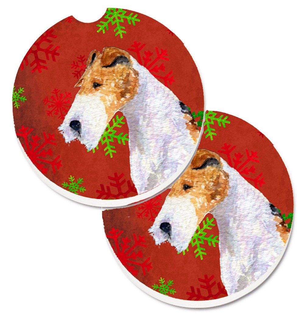 Fox Terrier Red and Green Snowflakes Holiday Christmas Set of 2 Cup Holder Car Coasters SS4685CARC by Caroline&#39;s Treasures
