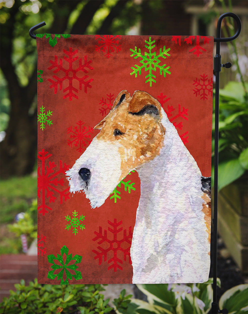 Fox Terrier Red and Green Snowflakes Holiday Christmas Flag Garden Size.