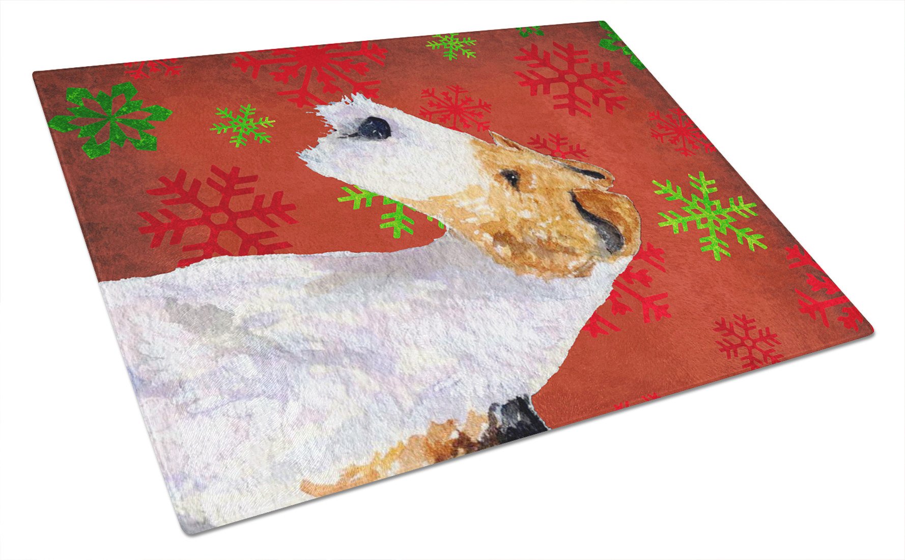 Fox Terrier Red and Green Snowflakes Christmas Glass Cutting Board Large by Caroline's Treasures