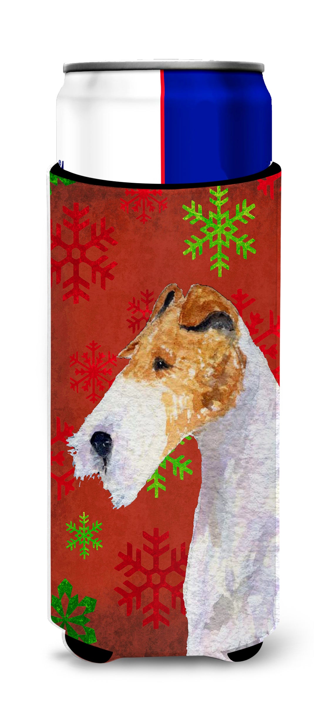 Fox Terrier Red and Green Snowflakes Holiday Christmas Ultra Beverage Insulators for slim cans SS4685MUK