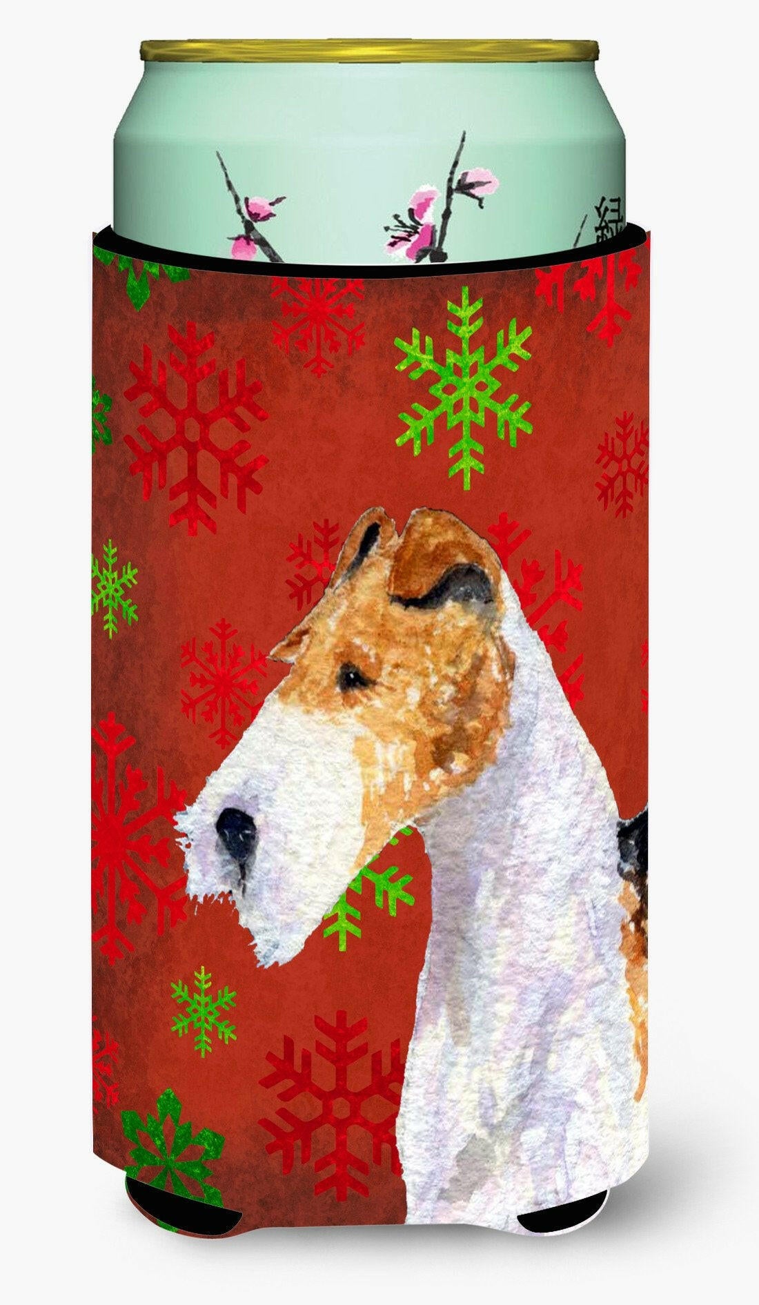 Fox Terrier Red and Green Snowflakes Holiday Christmas  Tall Boy Beverage Insulator Beverage Insulator Hugger by Caroline&#39;s Treasures