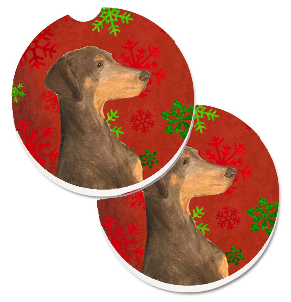 Doberman Red and Green Snowflakes Holiday Christmas Set of 2 Cup Holder Car Coasters SS4686CARC by Caroline&#39;s Treasures