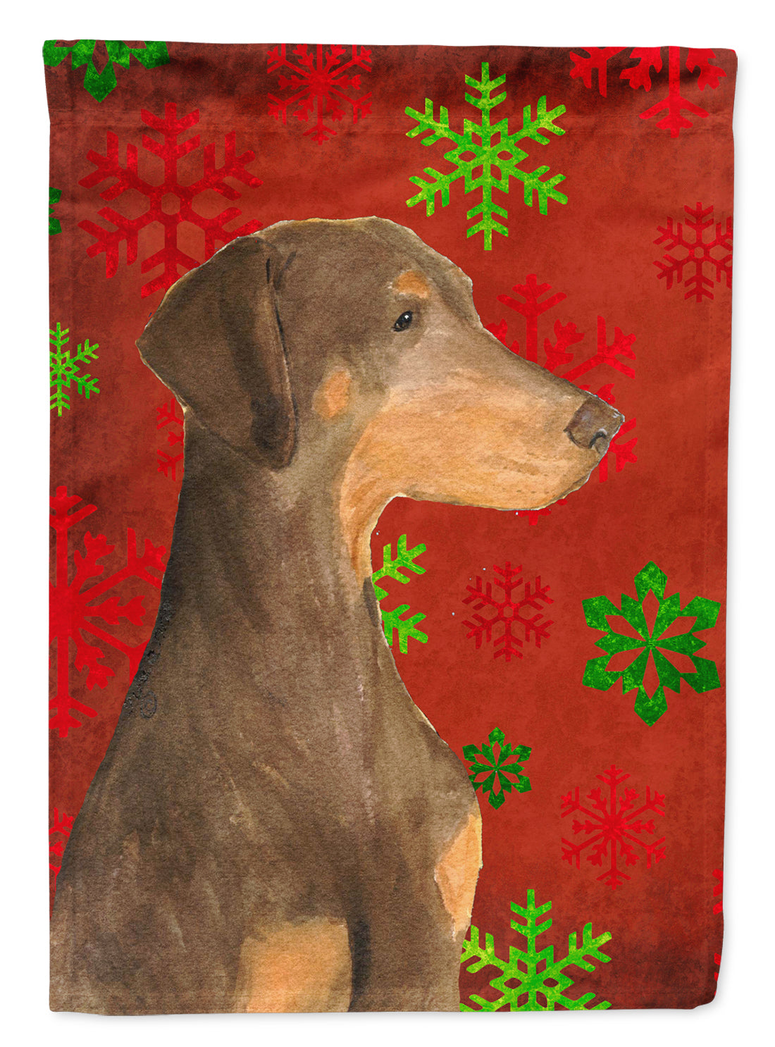 Doberman Red and Green Snowflakes Holiday Christmas Flag Garden Size