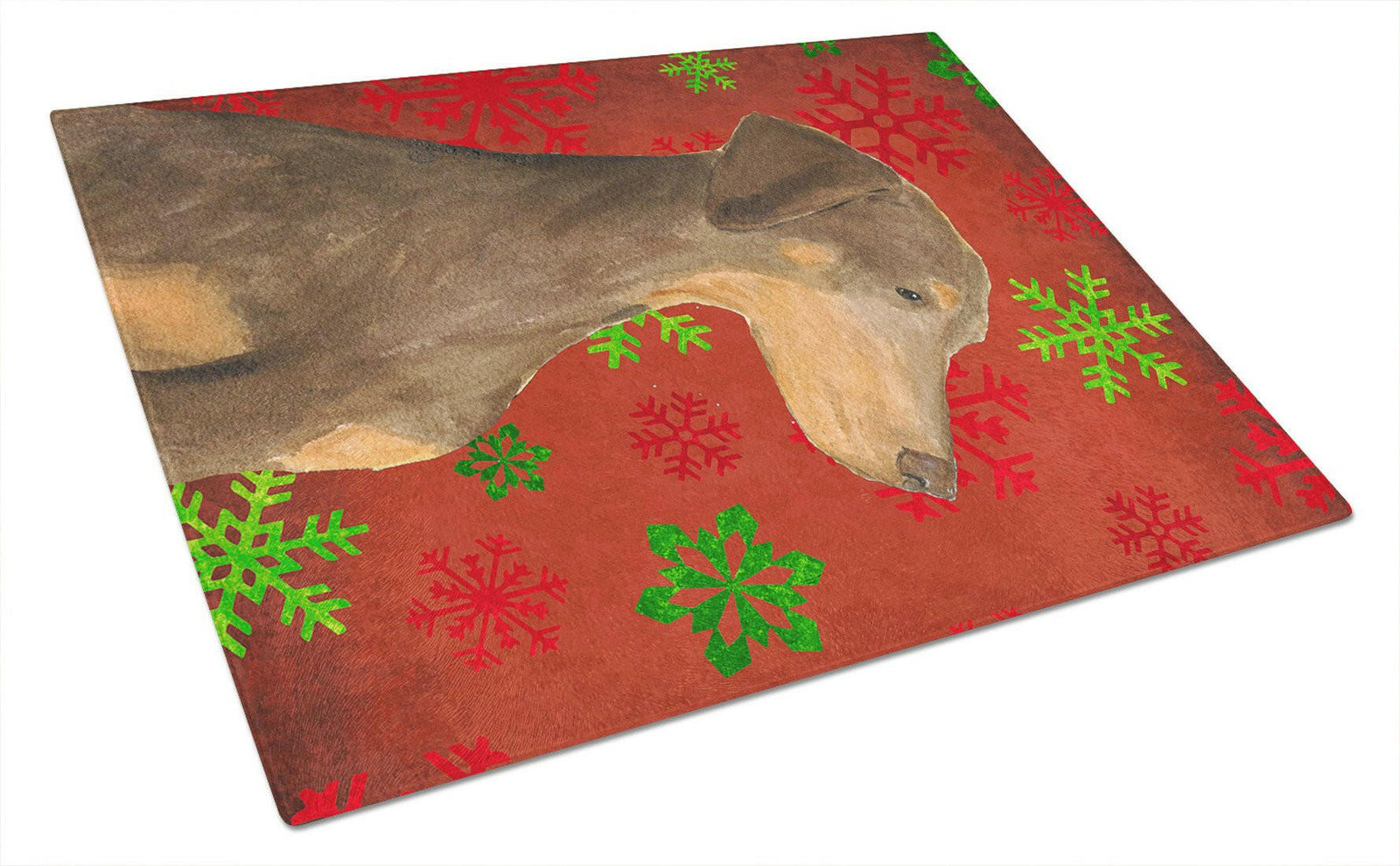 Doberman Red and Green Snowflakes Holiday Christmas Glass Cutting Board Large by Caroline's Treasures